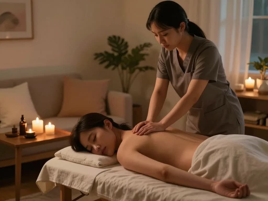 Enjoying a relaxing 부천출장마사지 by a professional therapist in a serene home setting with warm lighting.