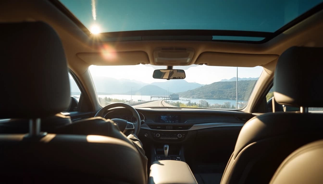 Experience the best vancouver to seattle car service with a luxurious sedan on a beautiful highway.