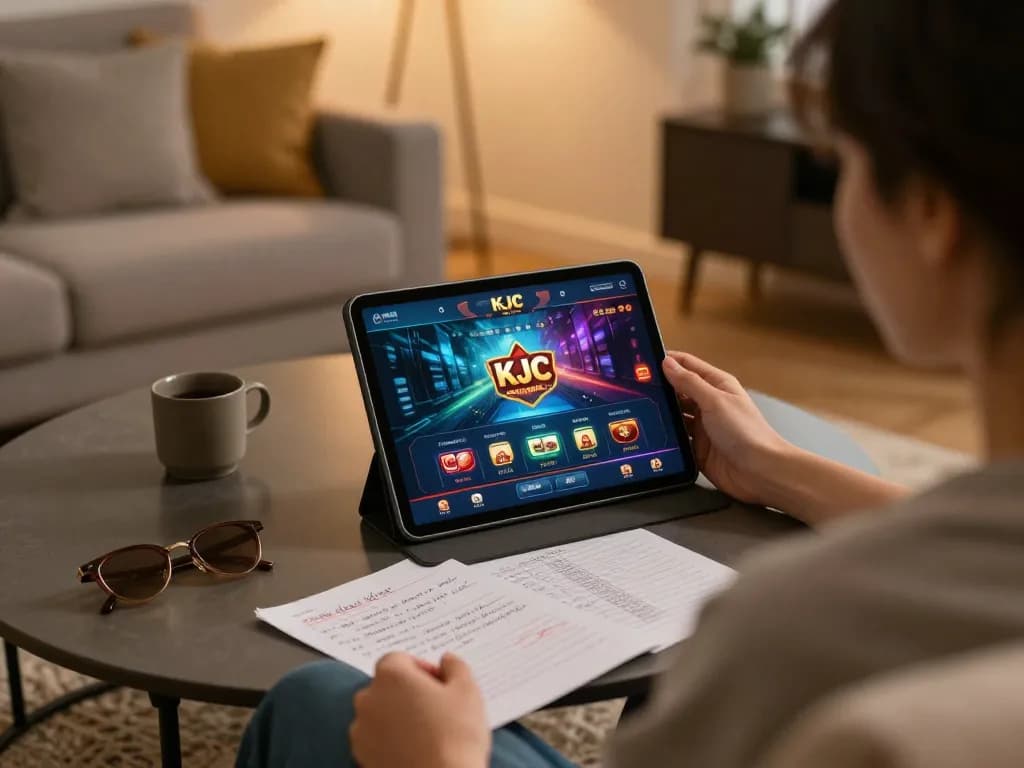KJC online gaming session at home, engaging player strategizing bets with tablet and notes.