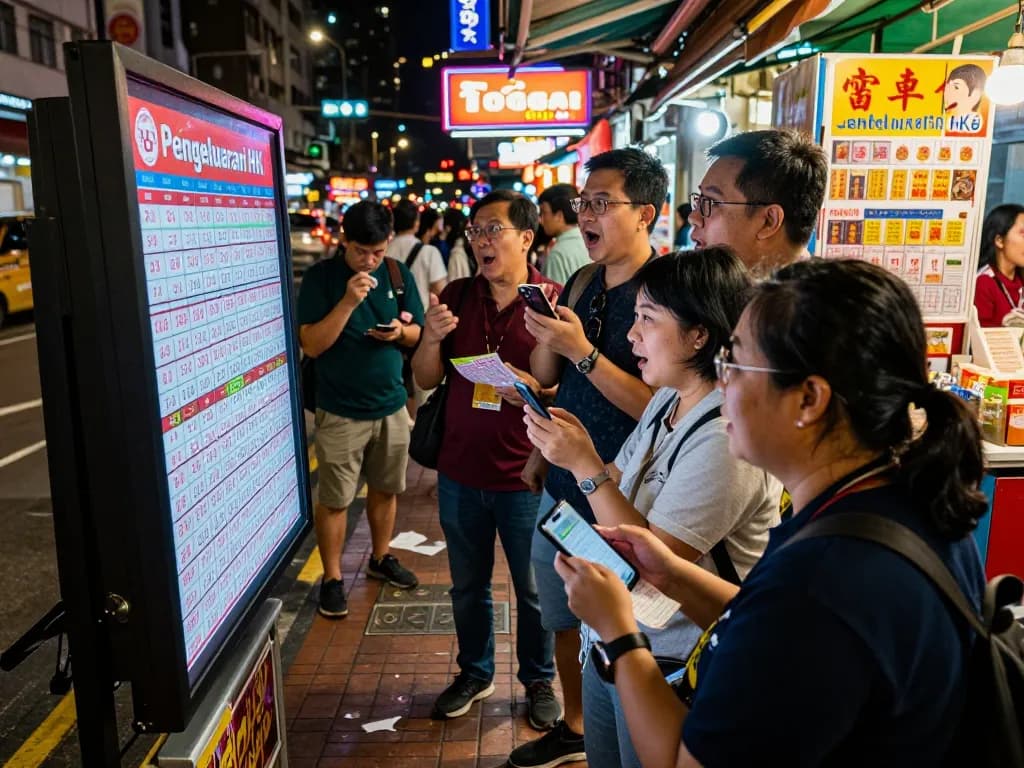 Energetic street scene of Togel players eagerly watching Pengeluaran HK results live, vibrant urban atmosphere.