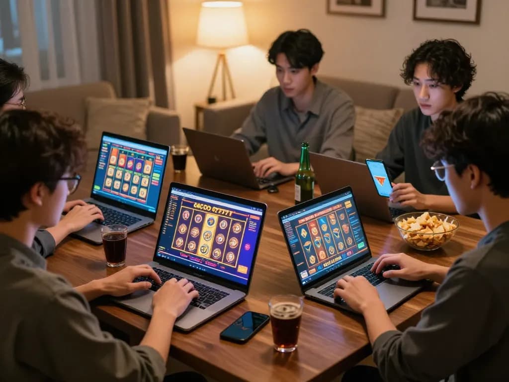 Players immersing in slot gacor 777 online gaming on laptops in a cozy setting.