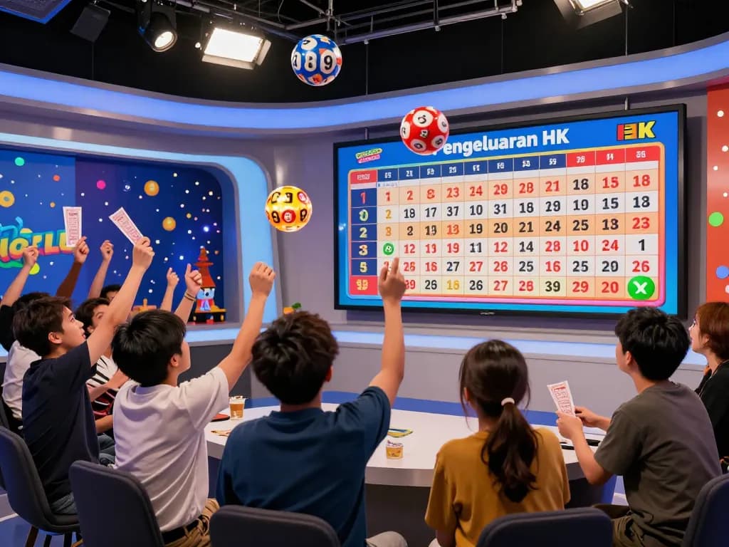 Exciting live draw with Pengeluaran HK results displayed on a digital board, showcasing player engagement and festive atmosphere.