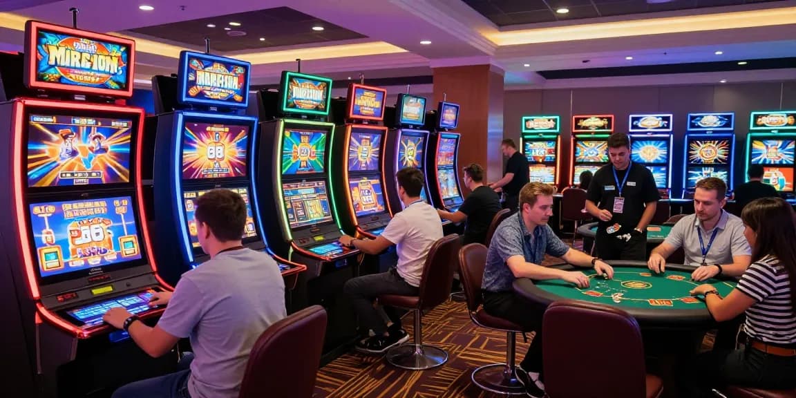Playing diverse games at SLOT88 APK casino, vibrant atmosphere with excitement.