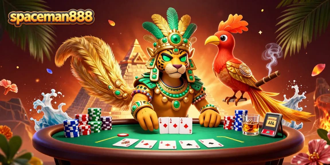 Engage with spaceman888 as the Mayan jaguar priest delivers thrilling poker action surrounded by vibrant casino elements.