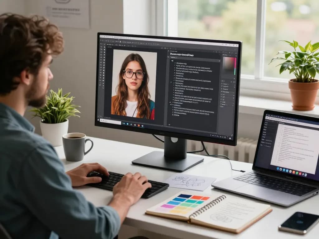 Digital artist using an image to prompt generator in a modern workspace, featuring AI tools and vibrant colors.