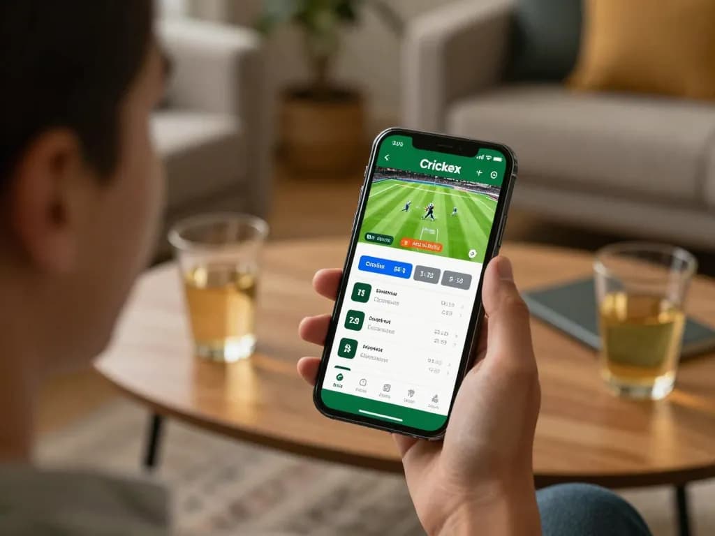 Crickex app displayed on smartphone, showcasing cricket betting options in a cozy home setting.