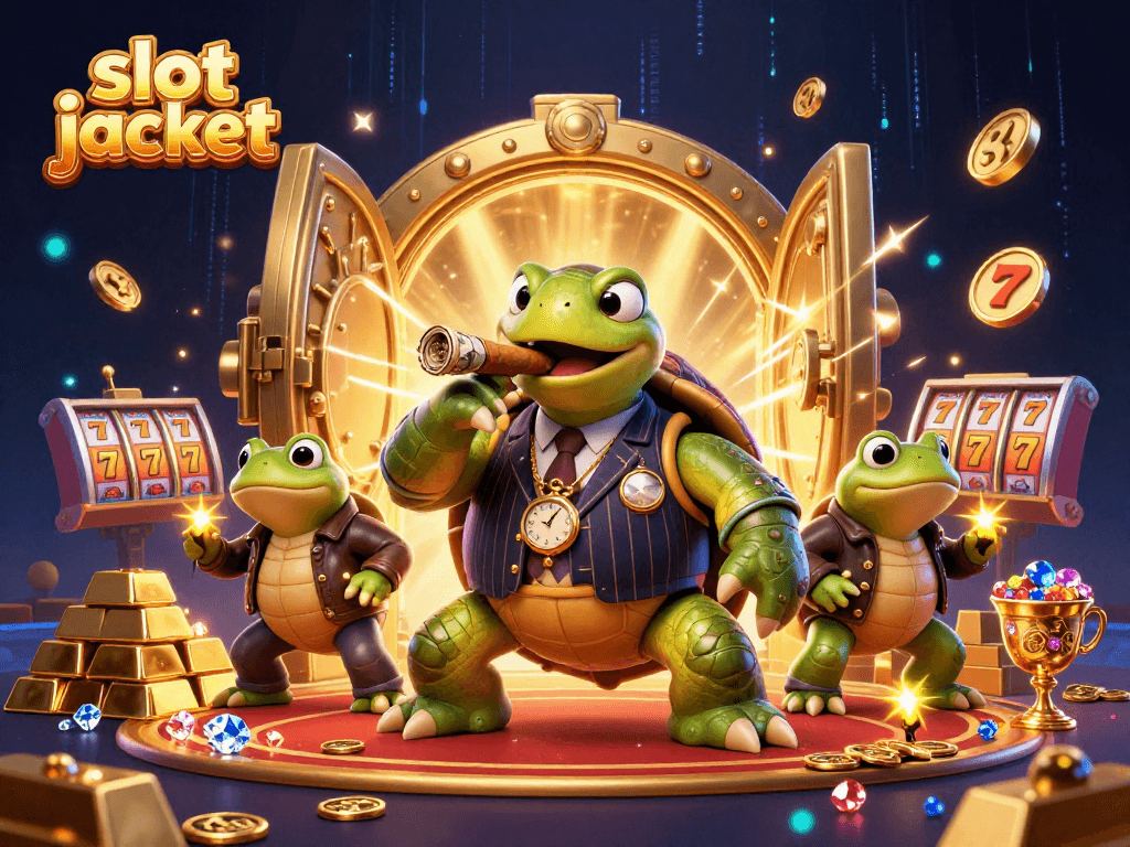 Spin the slot jackpot with a turtle mobster and bullfrogs in a rich casino scene full of treasures.