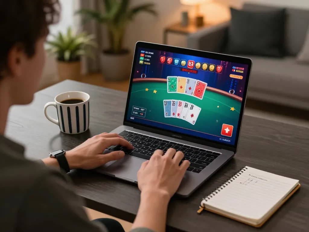 vin88 gaming experience with person playing blackjack online in cozy setup