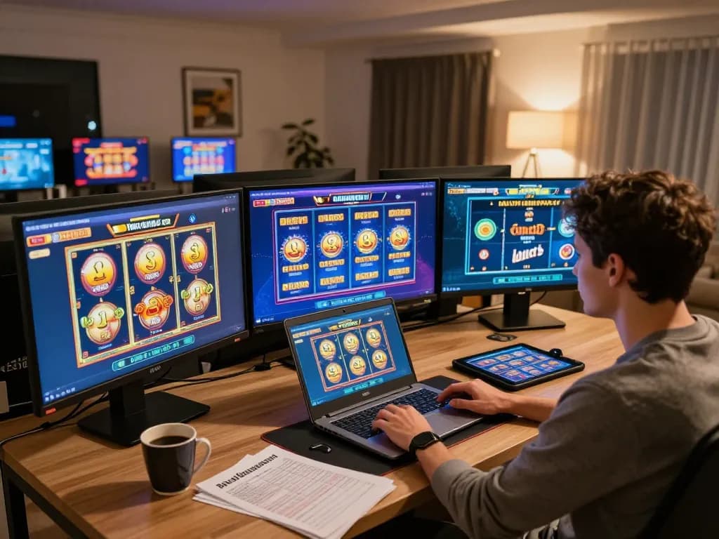 Engaging with popular link slot games in a stylish home gaming setup, emphasizing strategic play and responsible gambling