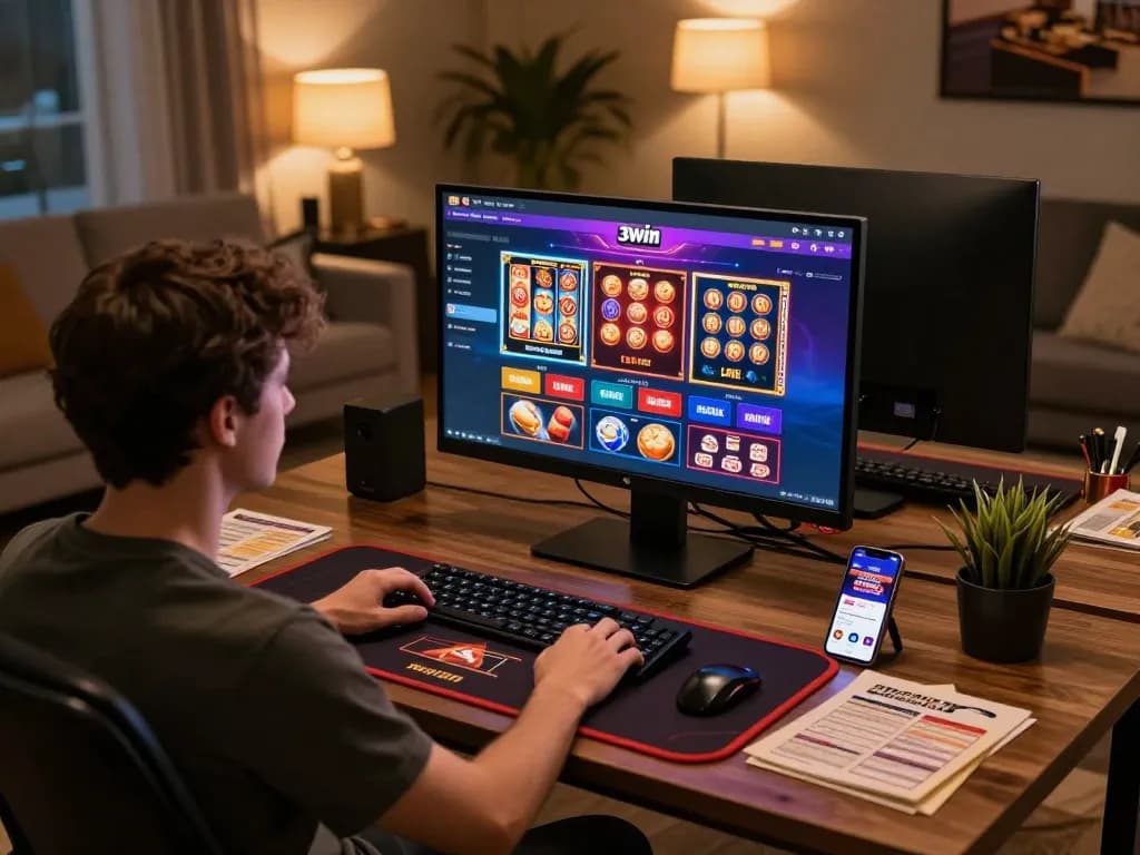 Experience the excitement of 3win as a player engages with an online casino game on a sleek setup.