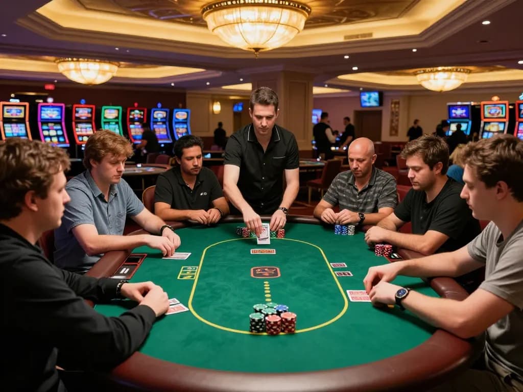 Paito macau enthusiasts analyzing strategies at a luxurious poker table in an upscale casino.