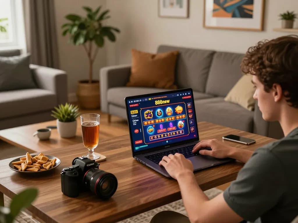 Player gaming on 888new's online casino interface during a cozy home session.