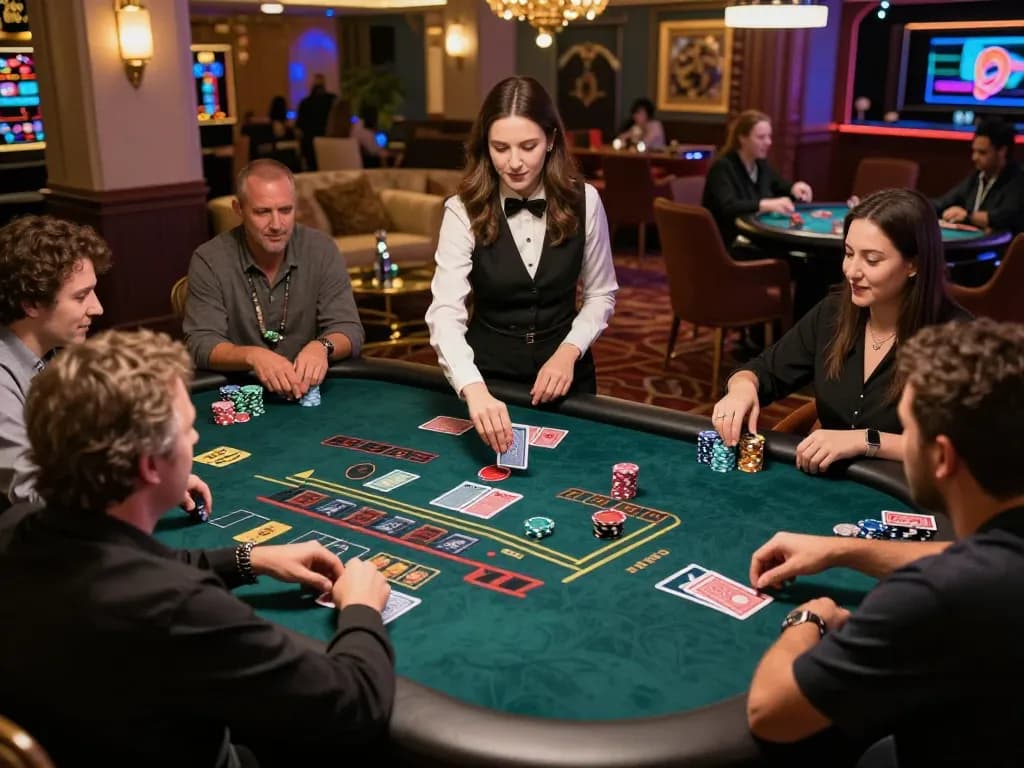 G28 players enjoying engaging live dealer game at sophisticated casino setup with ambient lighting