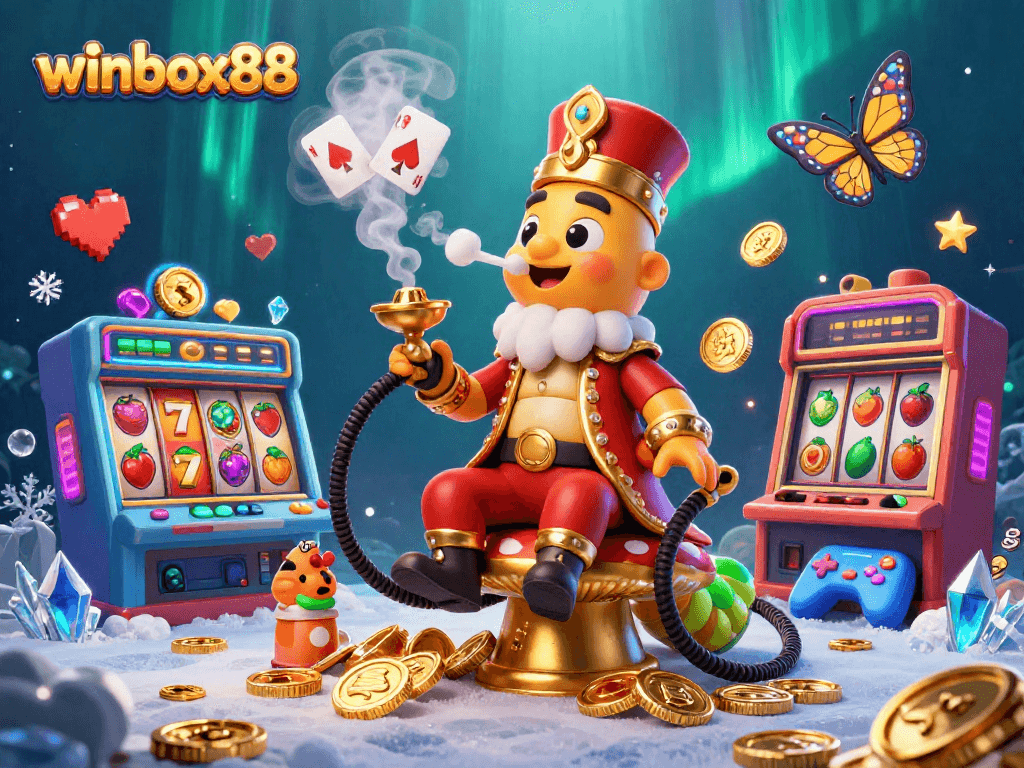 Winbox88 reveals a dynamic casino scene featuring an enormous caterpillar in a Turkish outfit amidst vibrant slot machines.