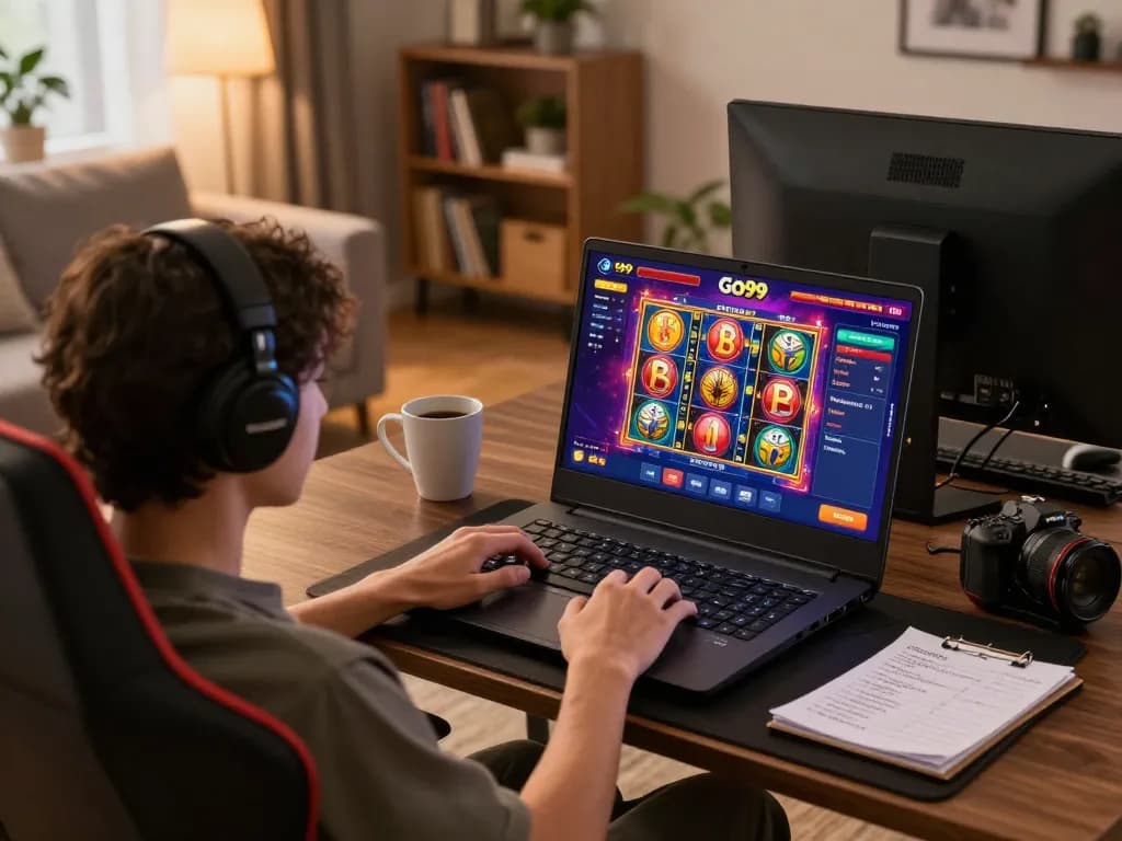 Engaging Go99 online gaming experience with cozy home setup featuring laptop and strategy notes.