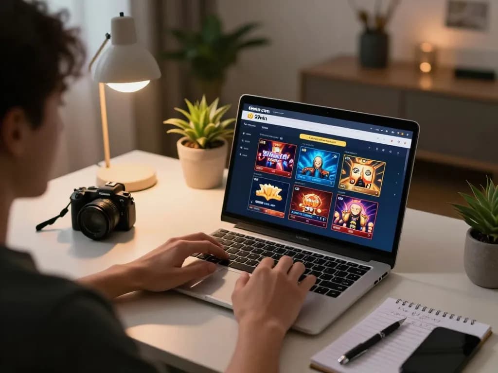 Engaging with 98win com on a laptop for online gaming strategy in a cozy home setting.