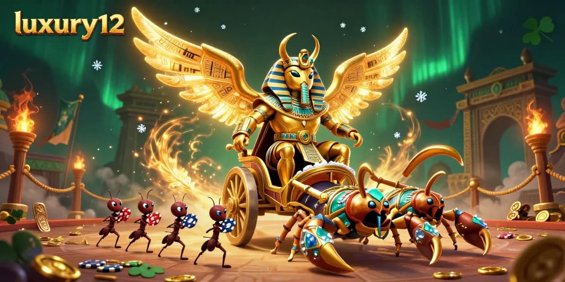 Engage with luxury12's vibrant casino experience featuring a colossal scarab and dynamic gaming elements.
