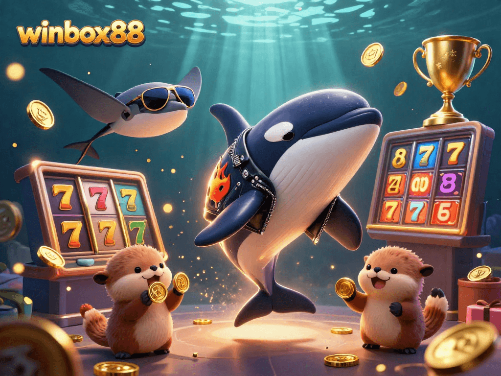 Experience the thrill at winbox88 with a lively scene of sea creatures celebrating casino gaming.