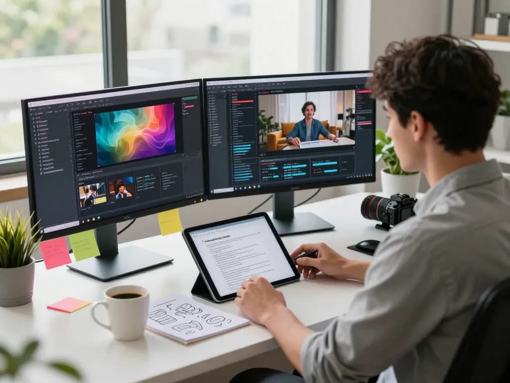 Dynamic developer using a video to promptgenerator in a modern workspace, creating AI-driven video prompts with vibrant visuals.