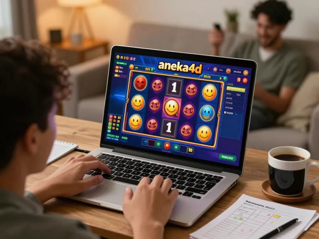 Pemain yang terlibat menikmati slot aneka4d di laptop di ruang tamu yang nyaman sambil mempraktikkan permainan yang bertanggung jawab