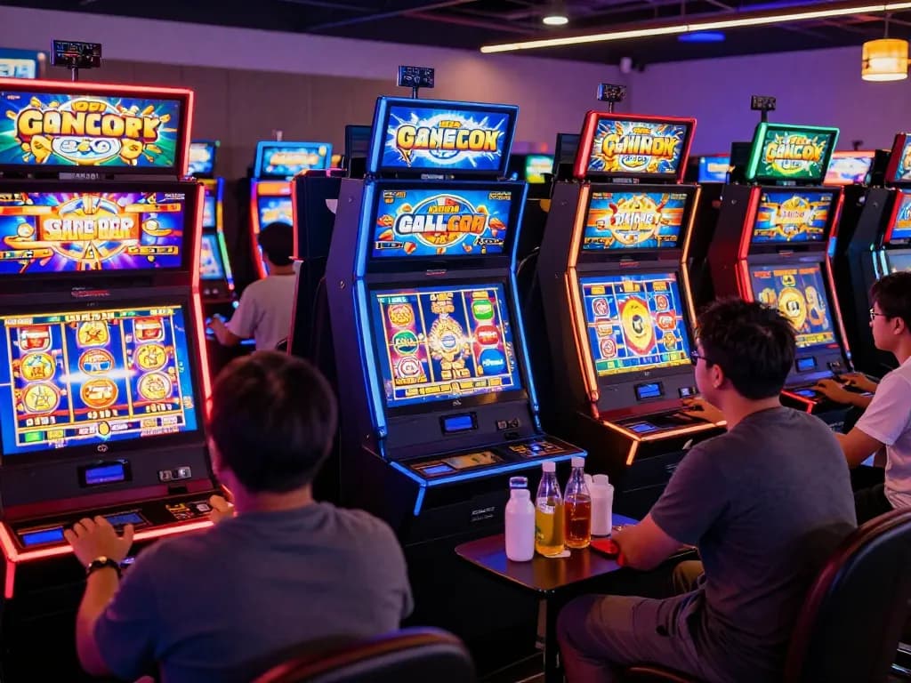 Exciting gaming lounge with players enjoying slot gacor games, vibrant displays, and dynamic ambiance.