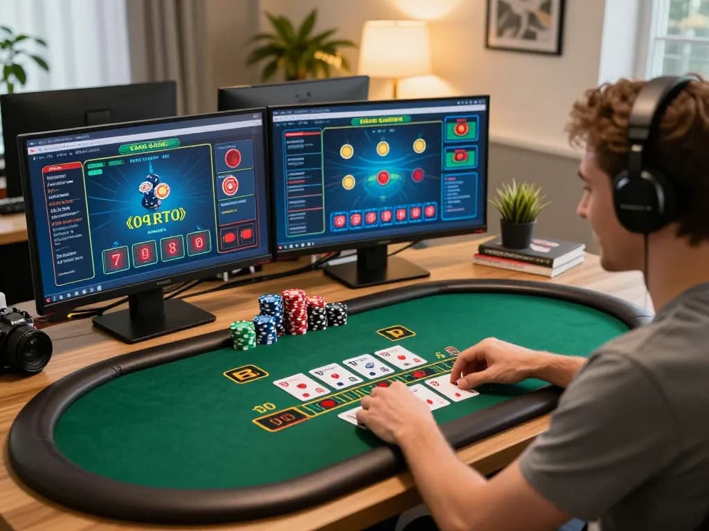 Player engaged in strategic online blackjack gaming at home, showcasing vk88 focused decision-making.