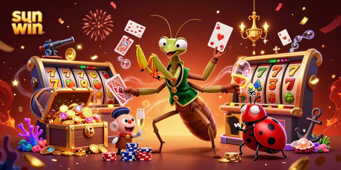 Engage in gaming excitement with sun win's vibrant casino atmosphere, featuring thrilling slot reels and colorful characters.