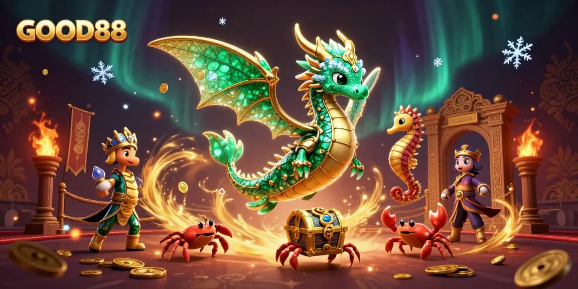 Engage in thrilling adventures with GOOD88's vibrant online casino scene featuring a majestic sea dragon and treasure.