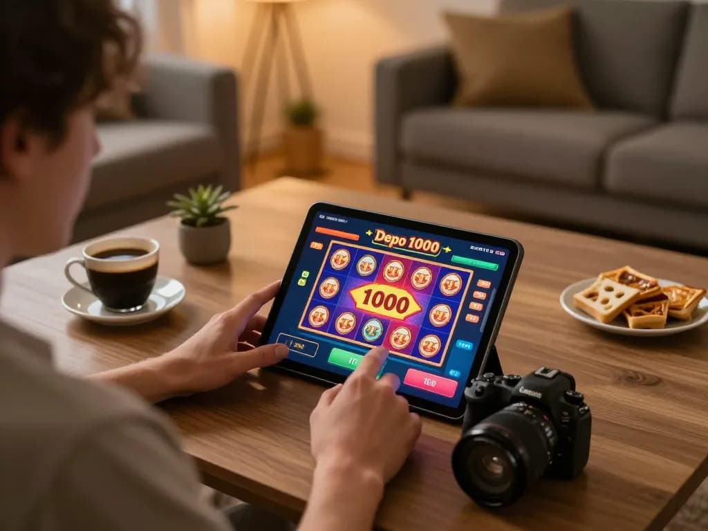 Engaging scene showing online slot depo 1000 gameplay on tablet with colorful graphics and personal gaming space.