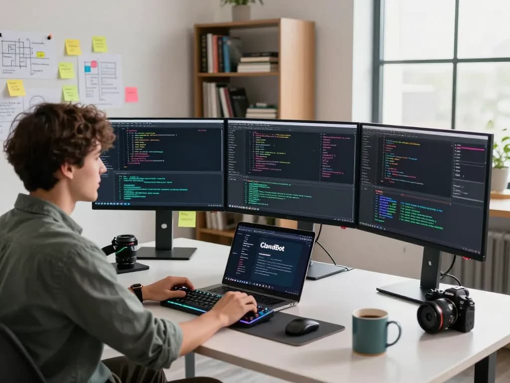 Developer using ClawdBot AI in a modern workspace with multiple screens and coding tools