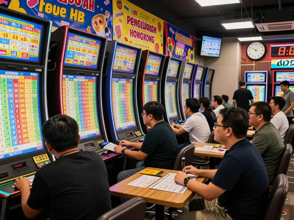Exciting Pengeluaran HK Lotto scene with players in a gaming lounge checking lottery results amid vibrant atmosphere and large displays.