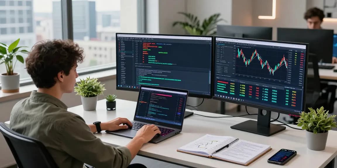 Dynamic trading workspace with developer analyzing spot gold real-time API data across multiple monitors and charts.
