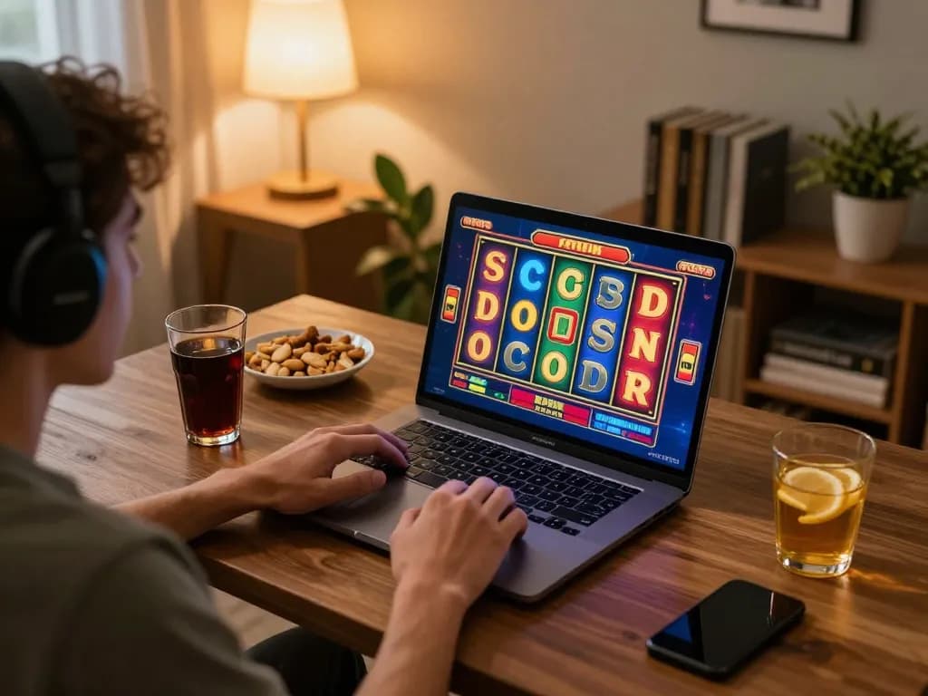 Engaged gamer playing 92slot on laptop with vibrant slot game reels in a cozy home environment