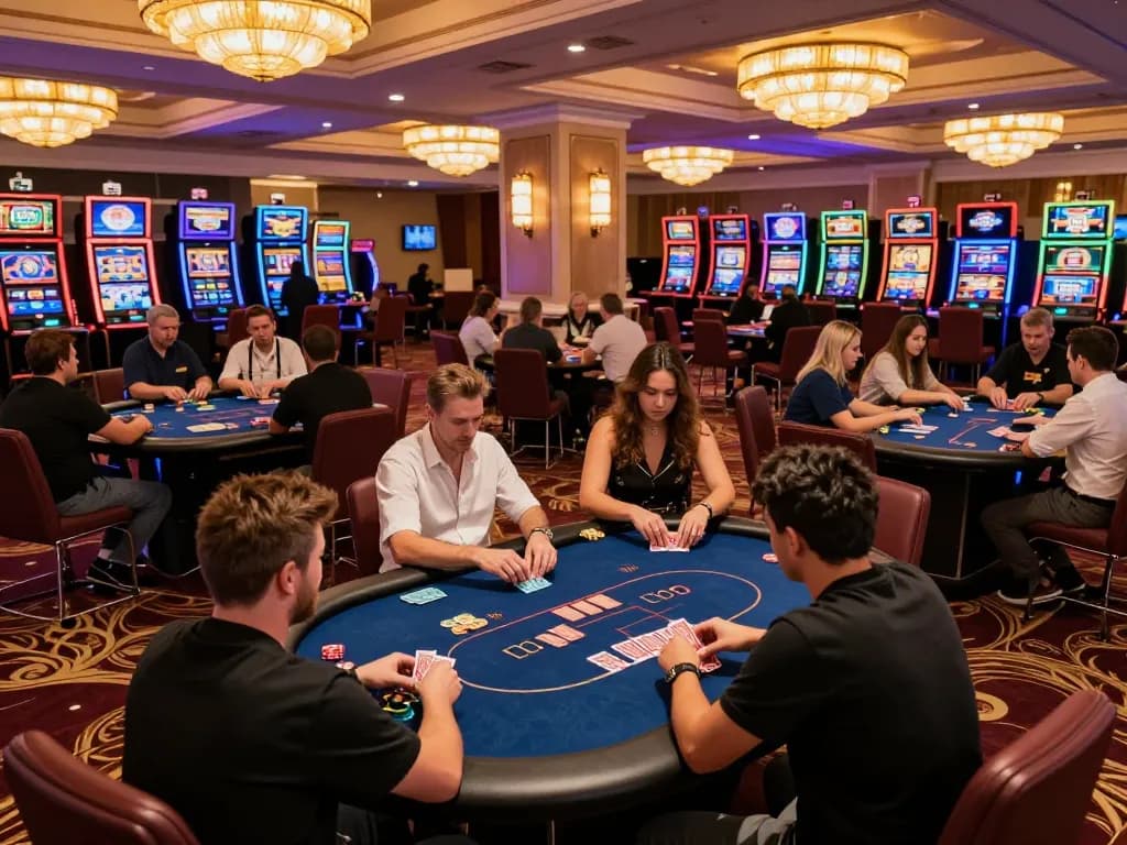 Players enjoying a strategic game of poker at an upscale casino floor, featuring xo88.