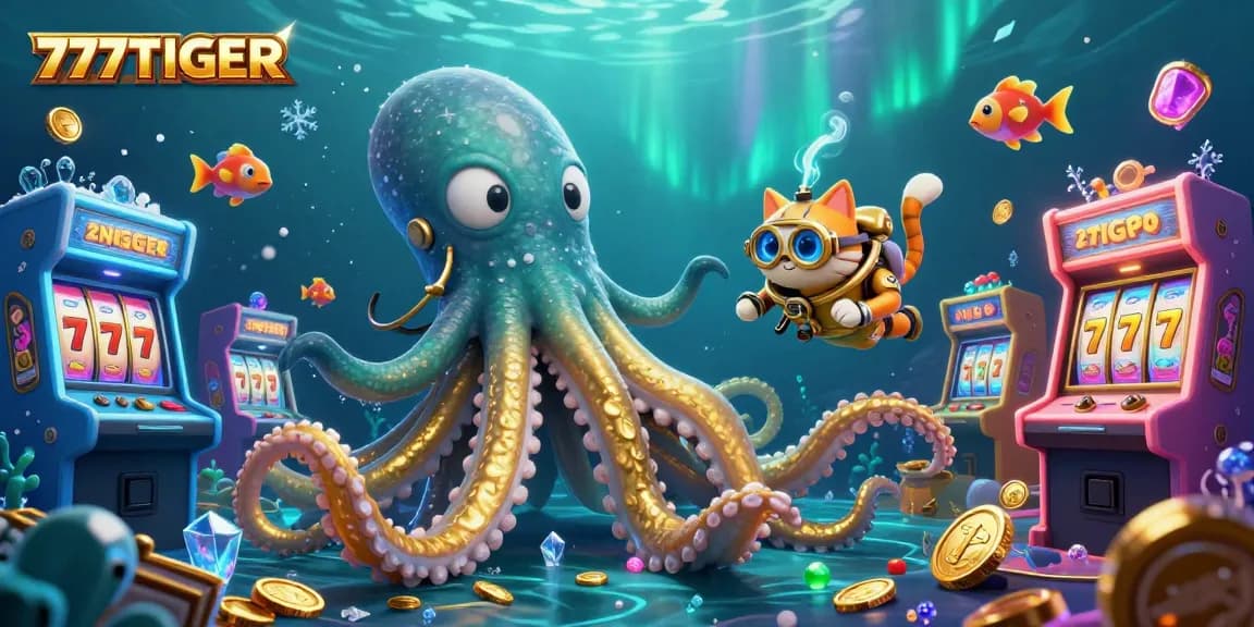 Join 777TIGER in a vibrant 3D casino adventure with golden kraken and gold-filled treasure all around.