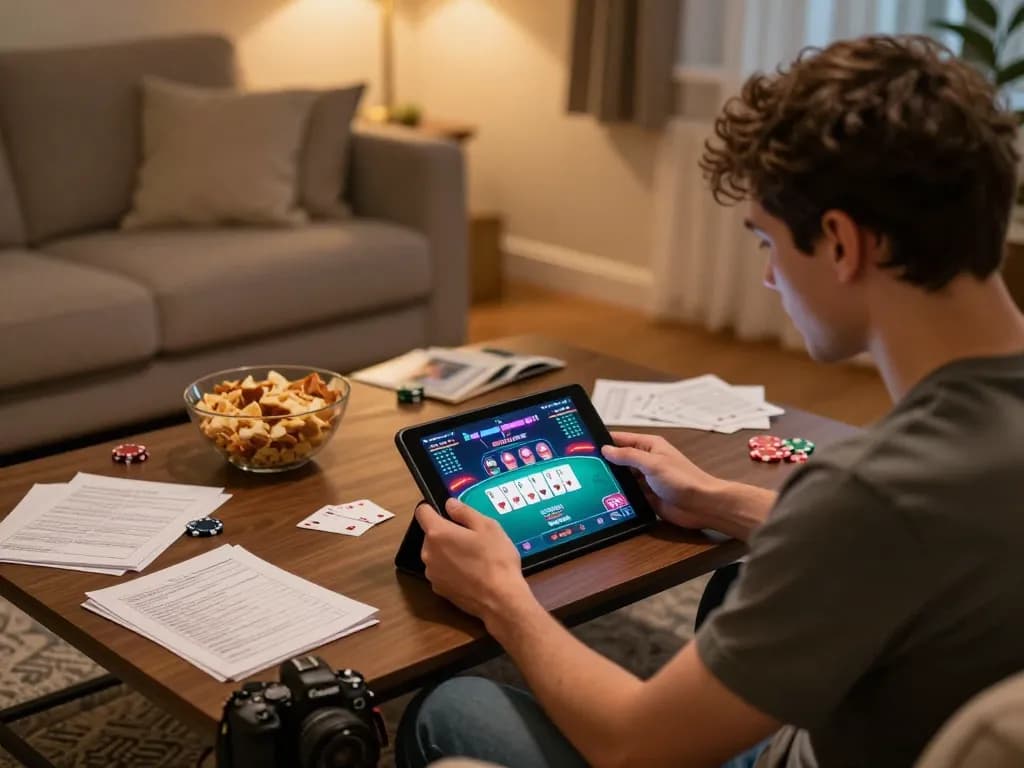 Player enjoying a poker game on 98win tablet in cozy home setting, embodying strategic online gambling.