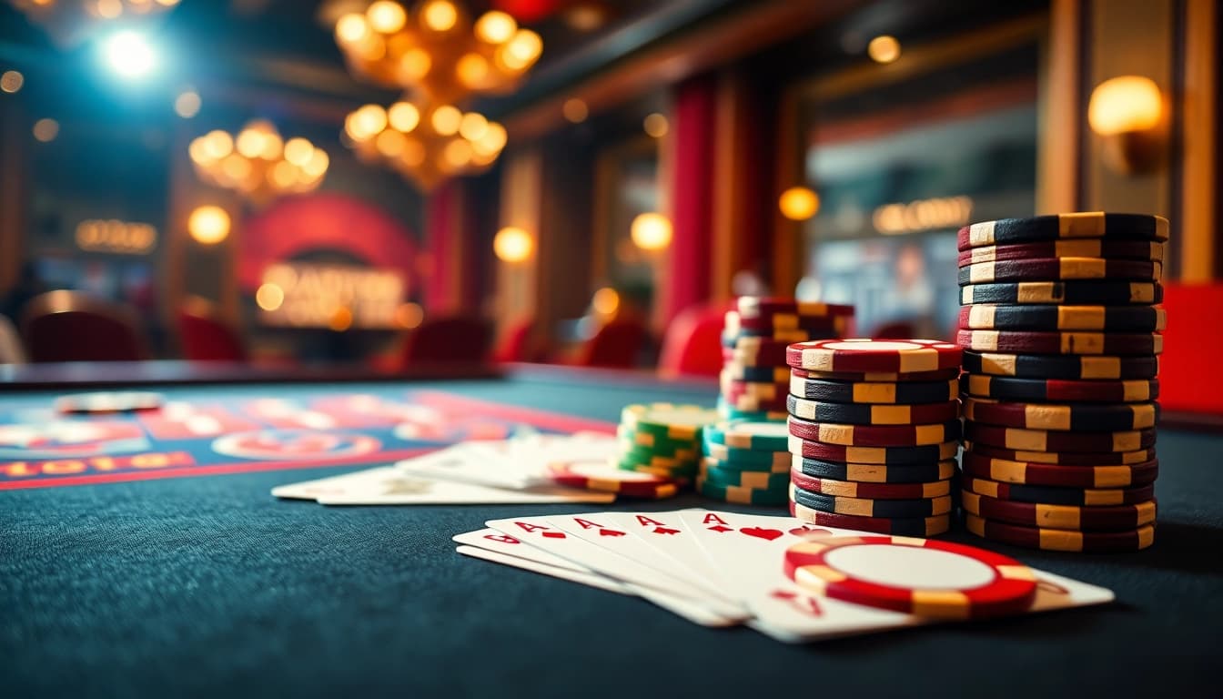 Bermain dengan bbni4d di meja kasino yang mewah dengan chip dan kartu berwarna-warni.