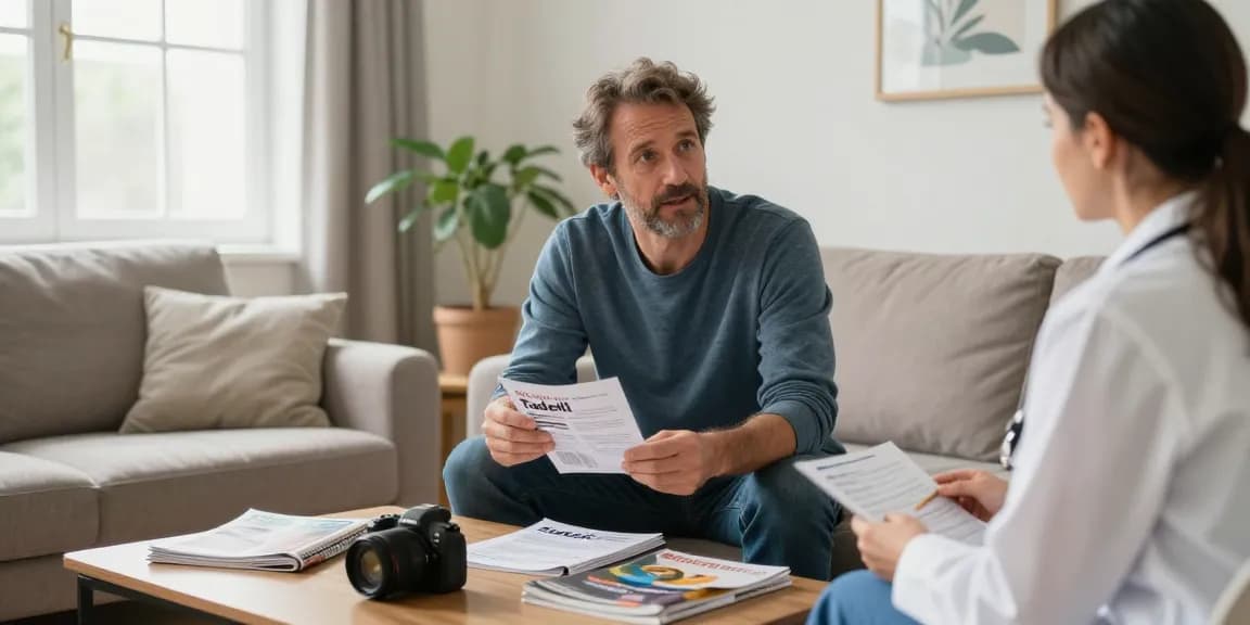 Tadalafil consultation in a cozy living room, focusing on erectile health discussion.