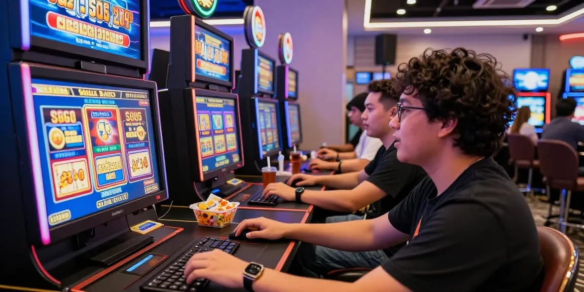 Exciting slot gacor gaming scene with diverse players enjoying a vibrant online casino experience in a modern lounge.