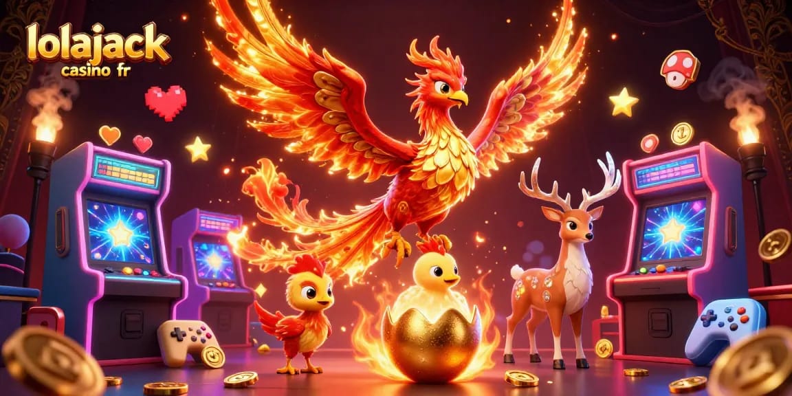 Jouez avec lolajack casino fr sur cette scène dynamique mélangeant un phénix en flammes et des machines de jeu colorées.