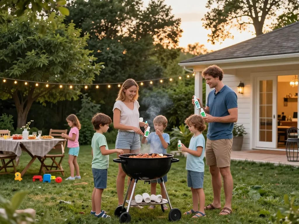 Family enjoying summer barbecue while using the Best Mosquito Repellent for effective outdoor protection.