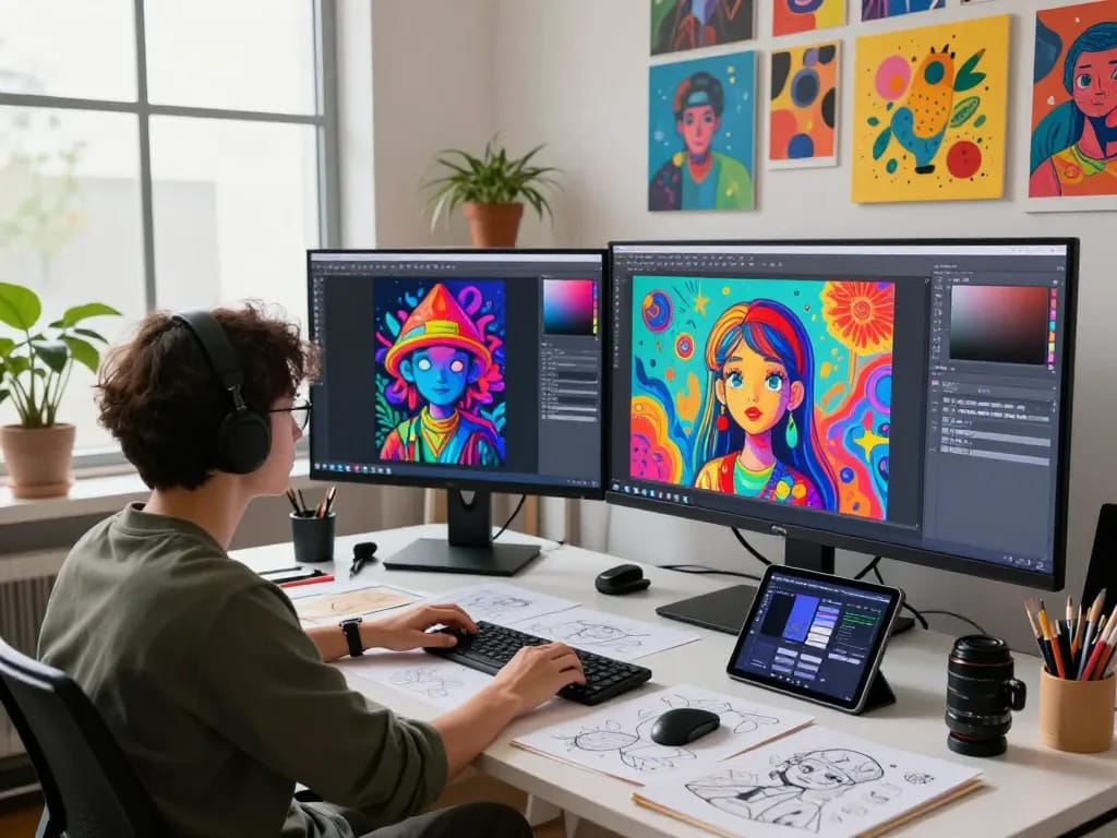 Creative designer showcasing NSFW AI artworks in a vibrant digital studio