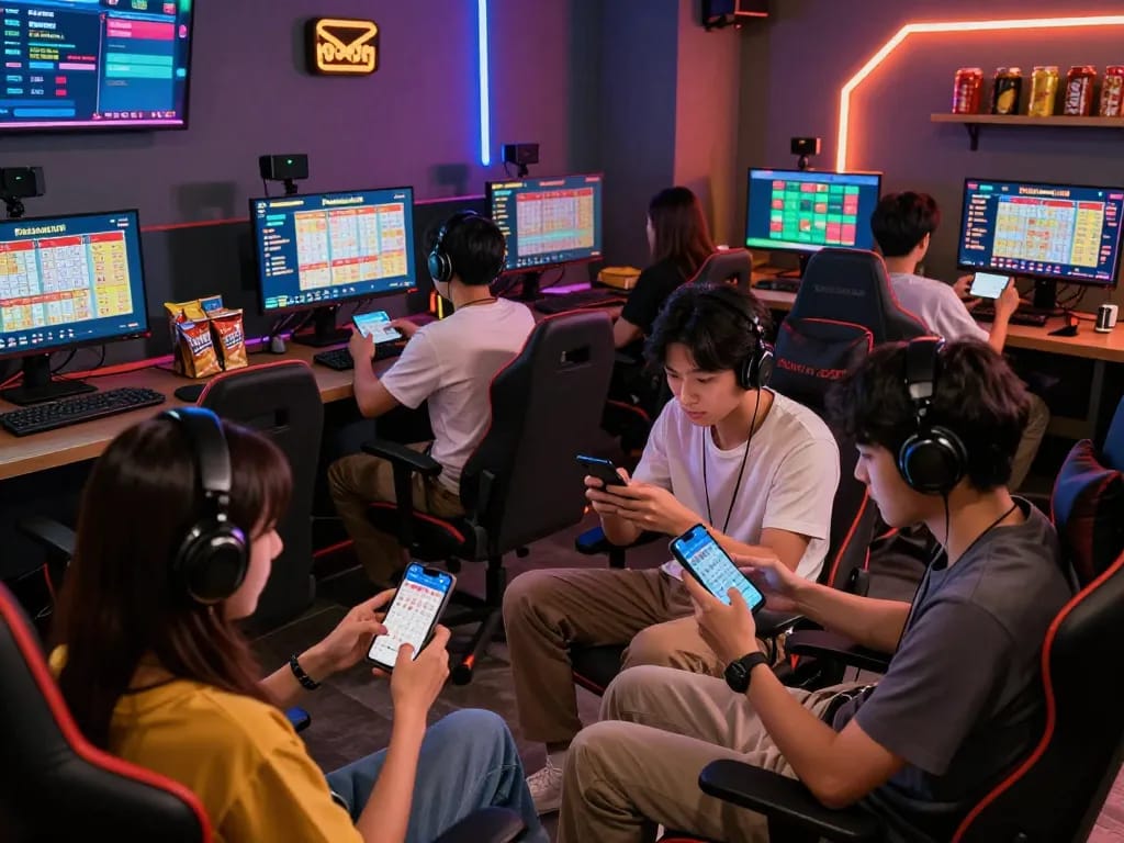 Engaged players checking Pengeluaran HK results on smartphones in a lively gaming lounge full of screens.