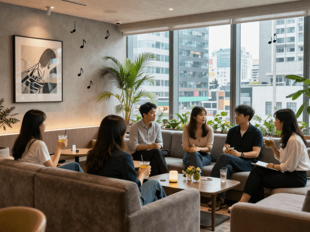 강남쩜오에서 친구들과 여유로운 시간을 보내는 모습, 고급스러운 라운지 분위기