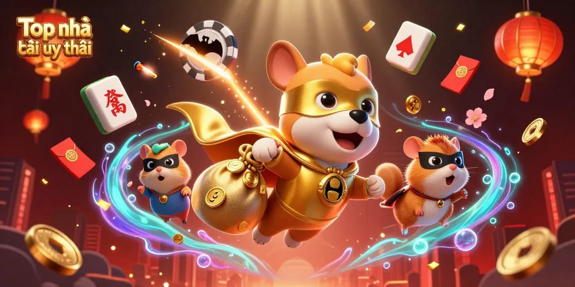 Engaging illustration showcasing Top nhà cái uy tín with a superhero dog and hamster amid casino elements.