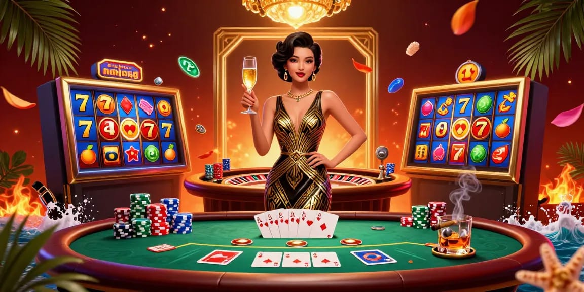 Experience big wins with slot gacor mahjong featuring vibrant slot reels and an elegant Asian woman in a glamorous scene.