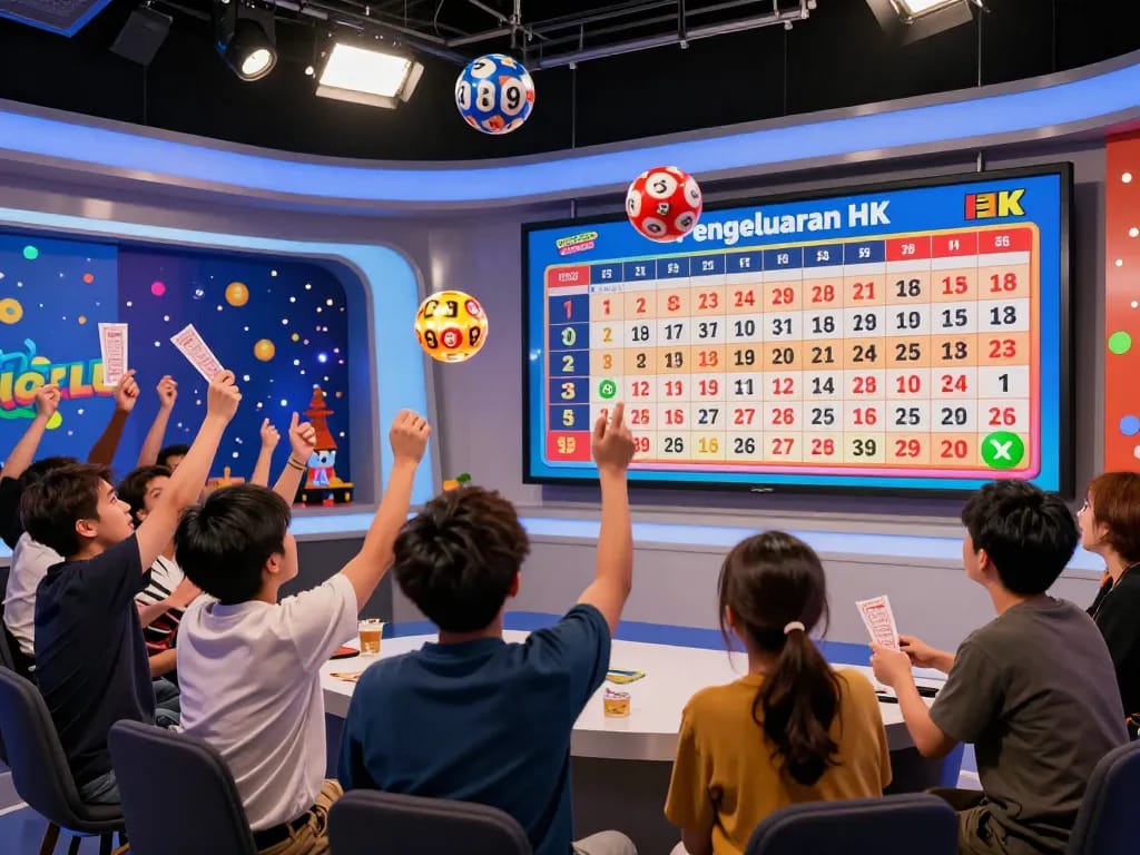Exciting live draw with Pengeluaran HK results displayed on a digital board, showcasing player engagement and festive atmosphere.