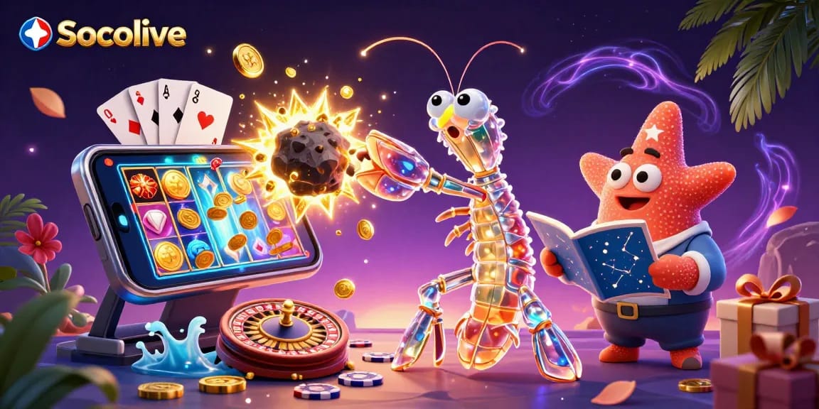 Socolive offers a vibrant 3D illustration showcasing a mantis shrimp in crystalline armor amidst exploding gems, highlighting the excitement of online gambling.