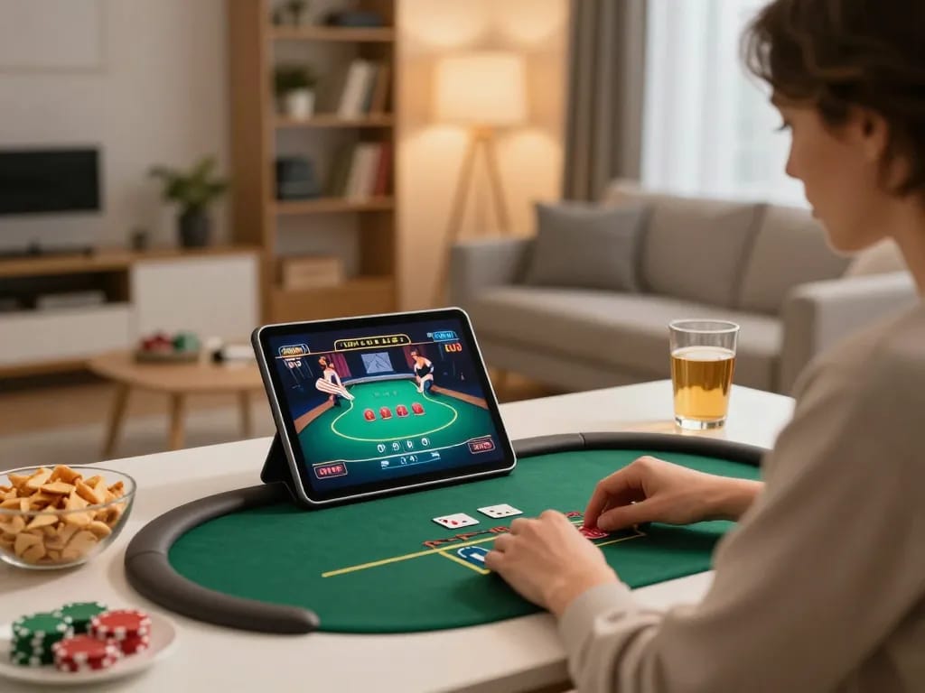 Engaging in online poker on fabet in a comfortable home setting with a tablet.
