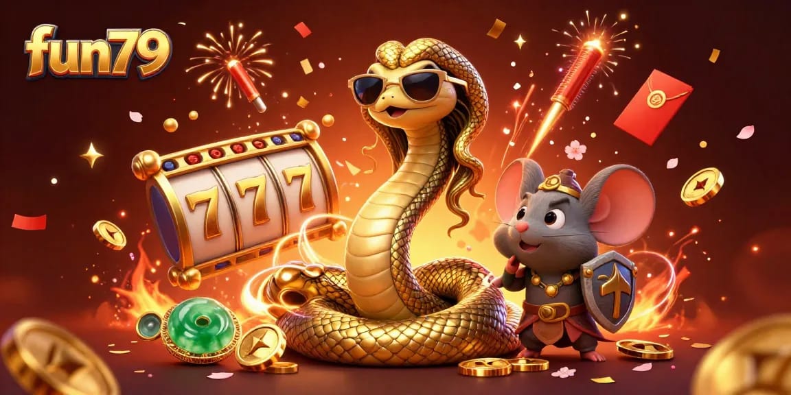 Experience winning thrills at fun79 with friendly Medusa and mouse in a vibrant casino scene.